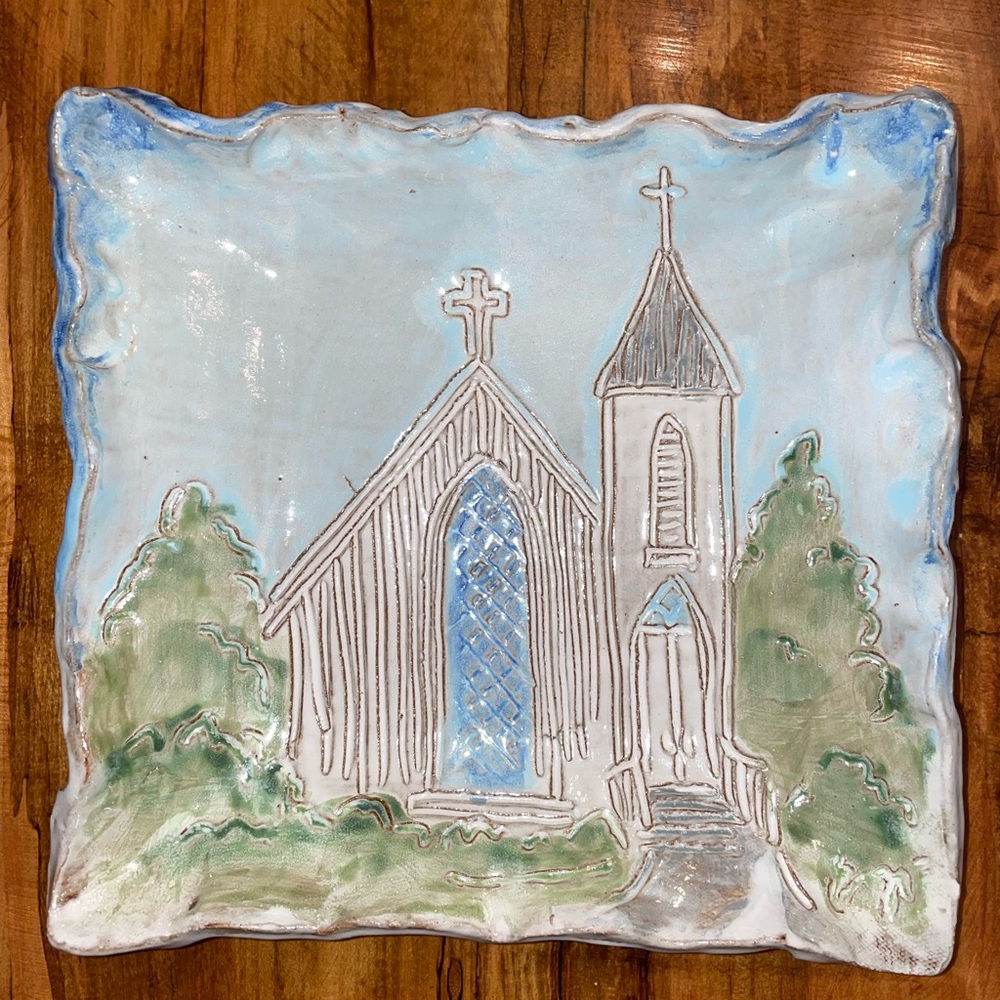 Handcrafted Dixie Pottery Ceramic Church Art with Blue and Green Accents